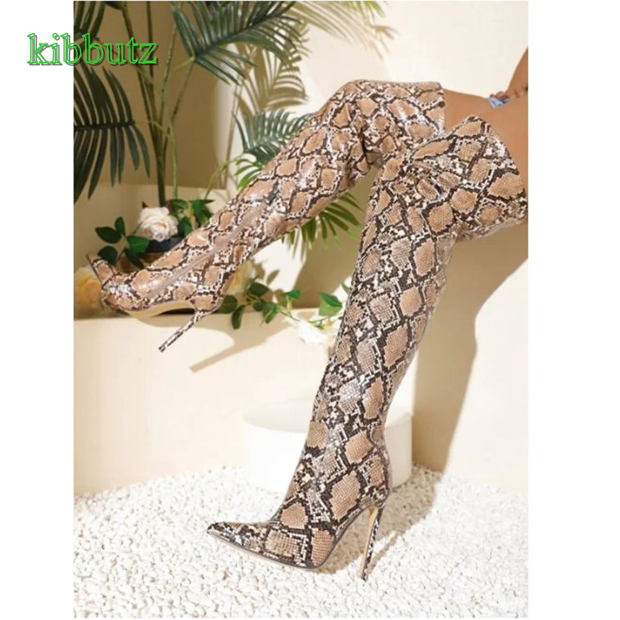 Snake Print Leather Over The Knee Boots,Pointed Toe Stiletto Women Shoes Side Zip Long Boots Autumn 2023 New Zapatos Para Mujere