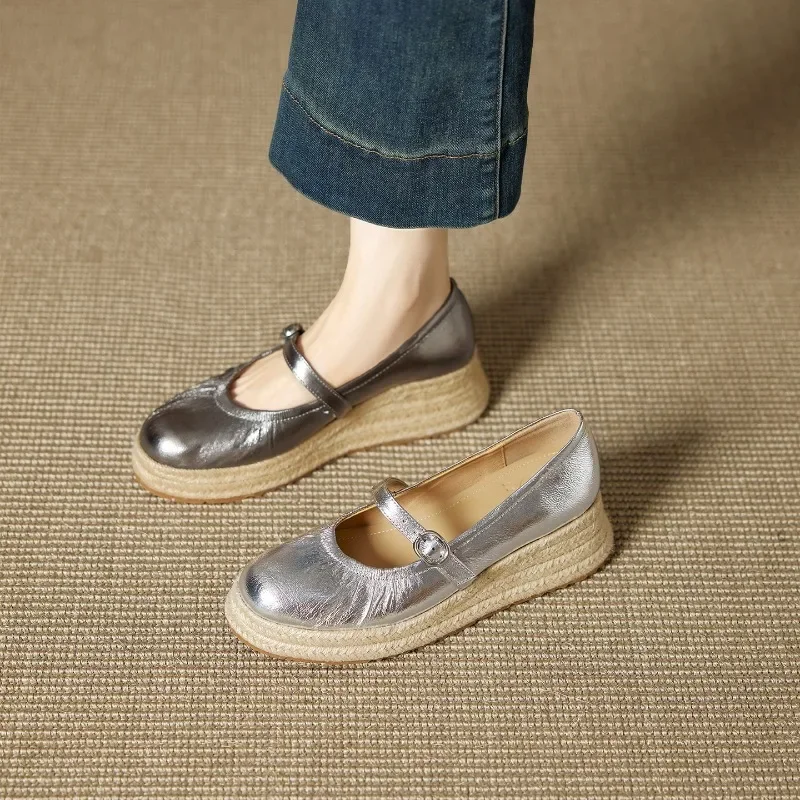 

Женские туфли на мелкой платформе во французском стиле ретро, новинка весны и осени 20220, женская обувь Мэри Джейн, соломенная обувь на танкетке