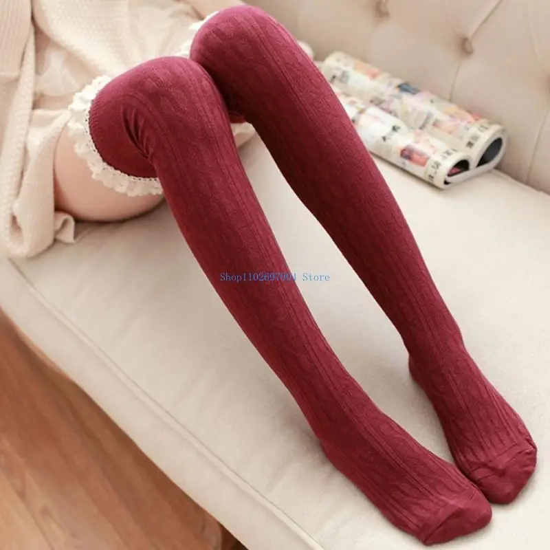 

N7YF Women Twist Cable Knit Thigh High Stockings with Frilly Ruffled Lace Trim Vertical Striped Jacquard Over Knee Long Socks