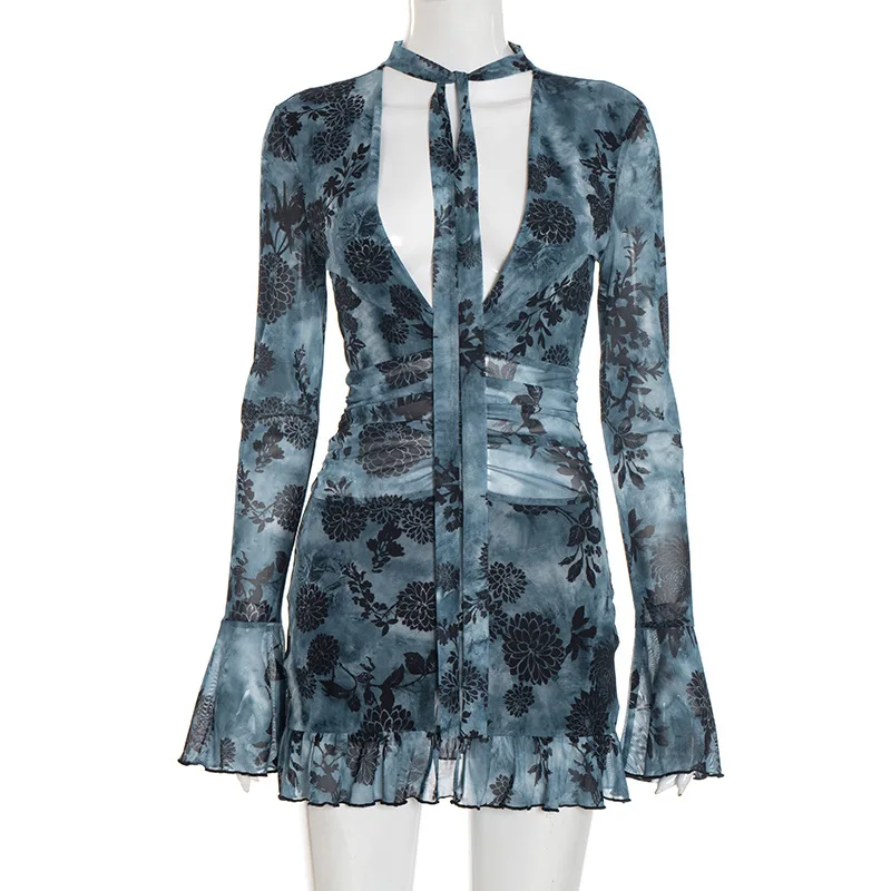 Y2K Bloemenprint V-hals Ruches Mini-jurk Dames Sexy Flare Lange Mouw Bodycon Party Club Jurken Outfits Herfst Winter Cadeau