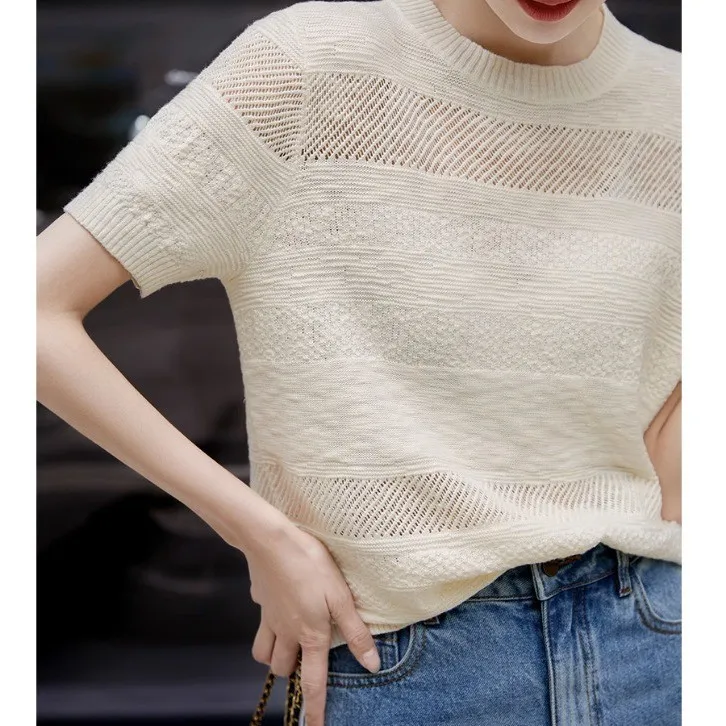 2024 New Cashmere short sleeves O-Neck hollow cashmere knit short sleeve women spring summer loose thin Cashmere short sleeves