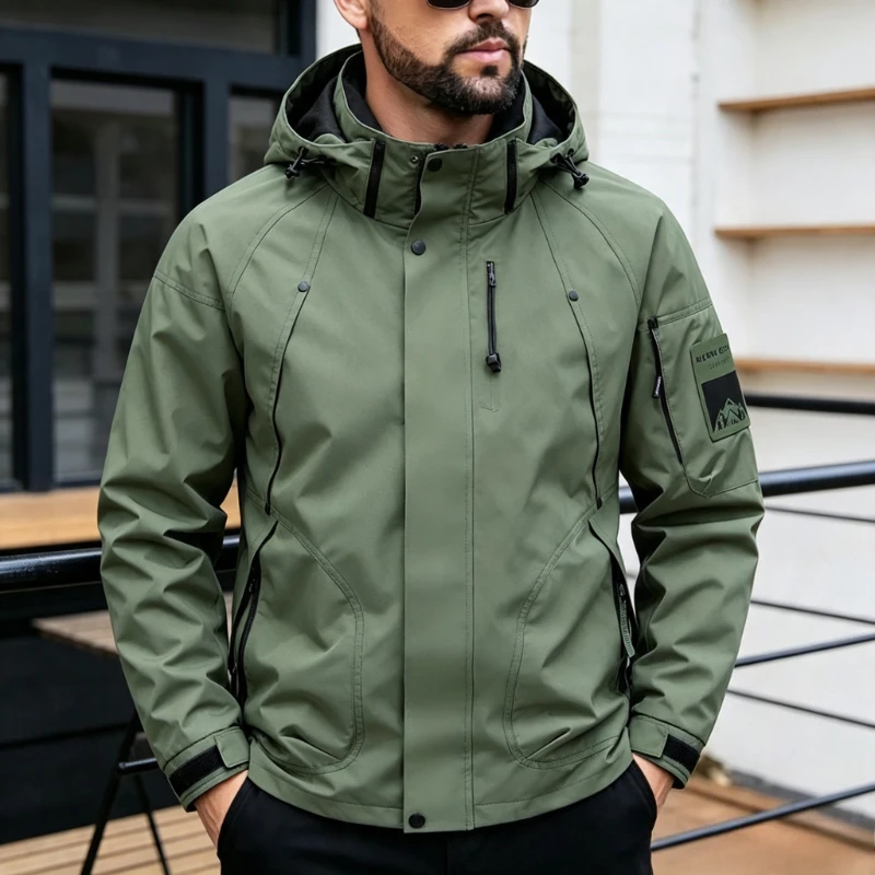 Waterproof Hiking Jacket Men Outdoor Softshell Zip Up Hooded Jackets Autumn Lightweight Windbreaker Trekking Camping Cargo Coats