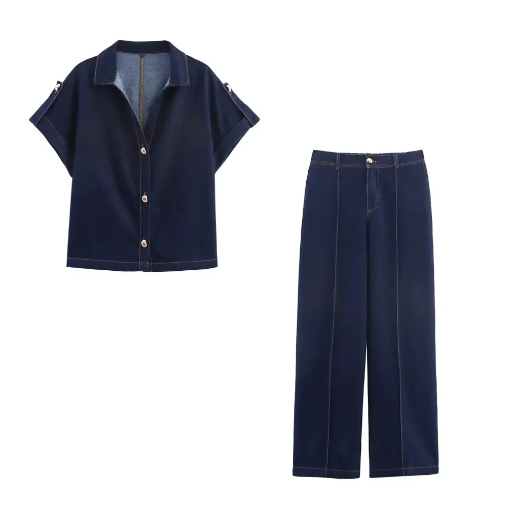 

KONDALA Women Casual Denim Pants Set Button Short Sleeve Tops, Long Pants Fashion 2025 Spring Summer High Street Simple Lady Set