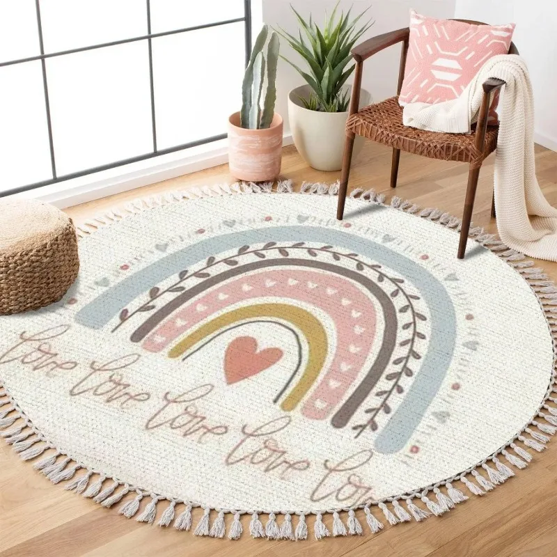 Carpet for Living Room Artistic Pattern Round Soft Coffee Table Rug Cute Cartoon Color Fluffy Bedroom Bedside Mat Alfombra 양탄자