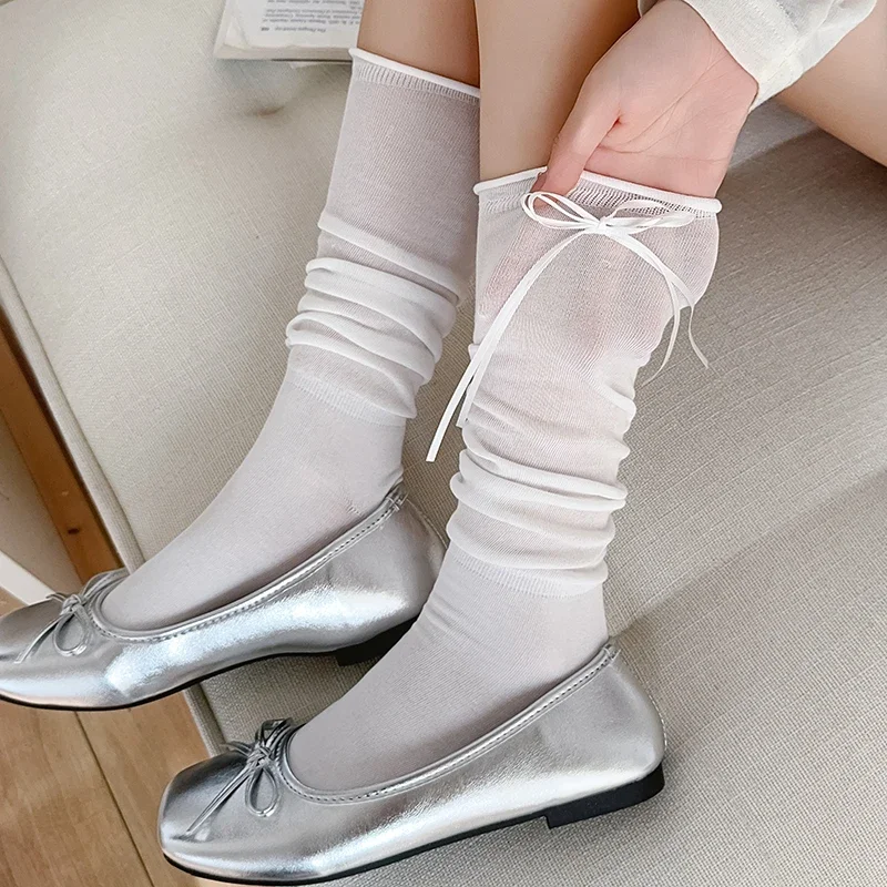 

Woman Stockings New Japanese Fashion Thin Bow Sweet Knee High Socks For Women Breathable Preppy Style Long Socks Trendy Simple