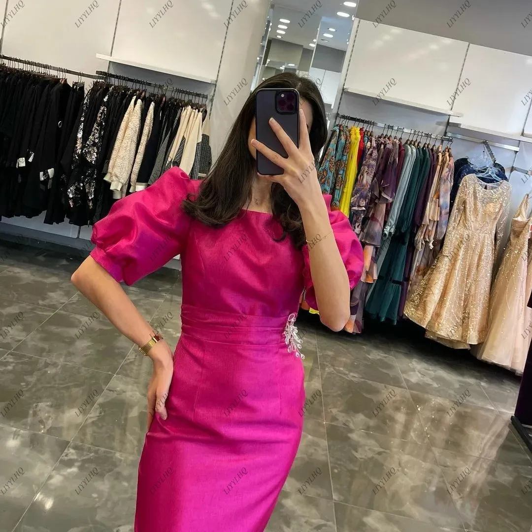 LIYYLHQ Purplish Red Satin Mermaid Evening Dresses Short Sleeves Sexy Backless Graduation Party Dress Tea-Length Prom Gown Cockt