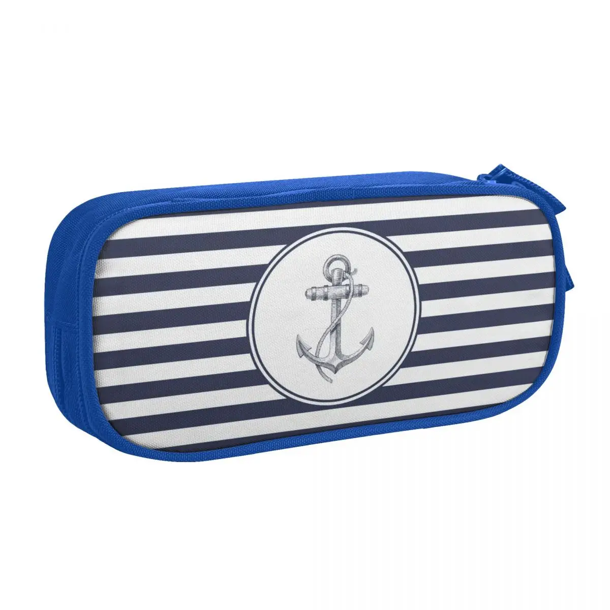 Custom Cute Navy Blue Stripes Nautical Anchor Pencil Cases for Girls Boys Large Storage Pencil Bag Stationery