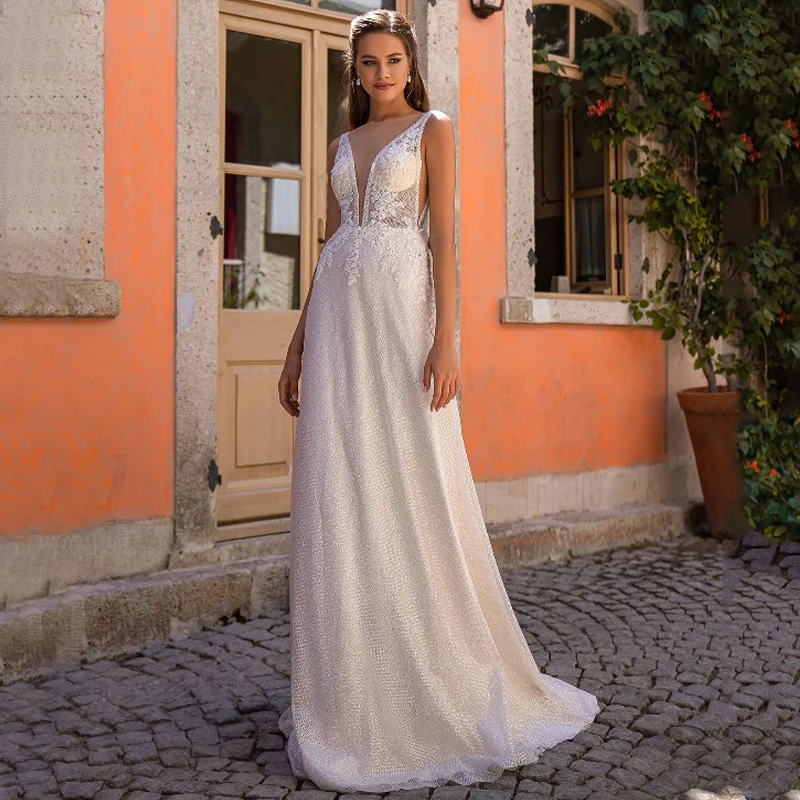 

V-Neck Appliques Beads Detachable Skirt A-Line Sparkle Tulle Buttons Wedding Dress Bridal Gown Vestido De Noiva