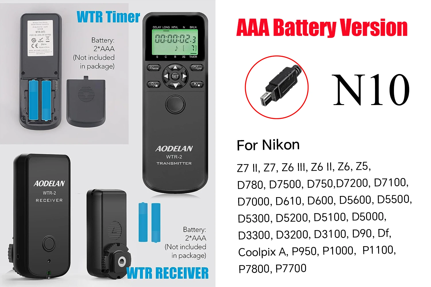 AODELAN Camera Timer Afstandsbediening + Bedrade Release Kabel Voor Nikon Z7II Z6 Z5 P1100 D3100 D5100 D5600 D600 D7000 D780 D7500 P950 P7700