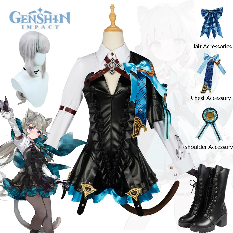 Genshin Impact Lynette Cosplay Traje, Vestido de festa, Terno uniforme, Peruca, Sapatos, Cauda, Conjunto completo Cos Roupas, Role Play Halloween para menina