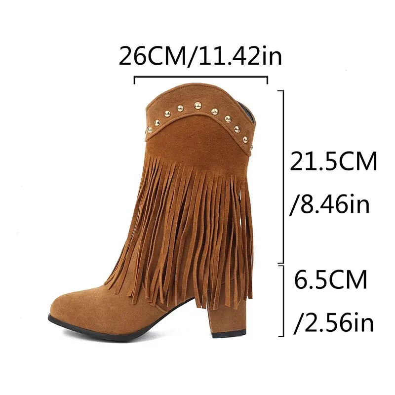 

ORCHA LISA Women's Boots Round Toe 6.5cm Block Heel Zipper Metal Decor Fringe Flock Suede Plus Size 41-43 Fashion Dating