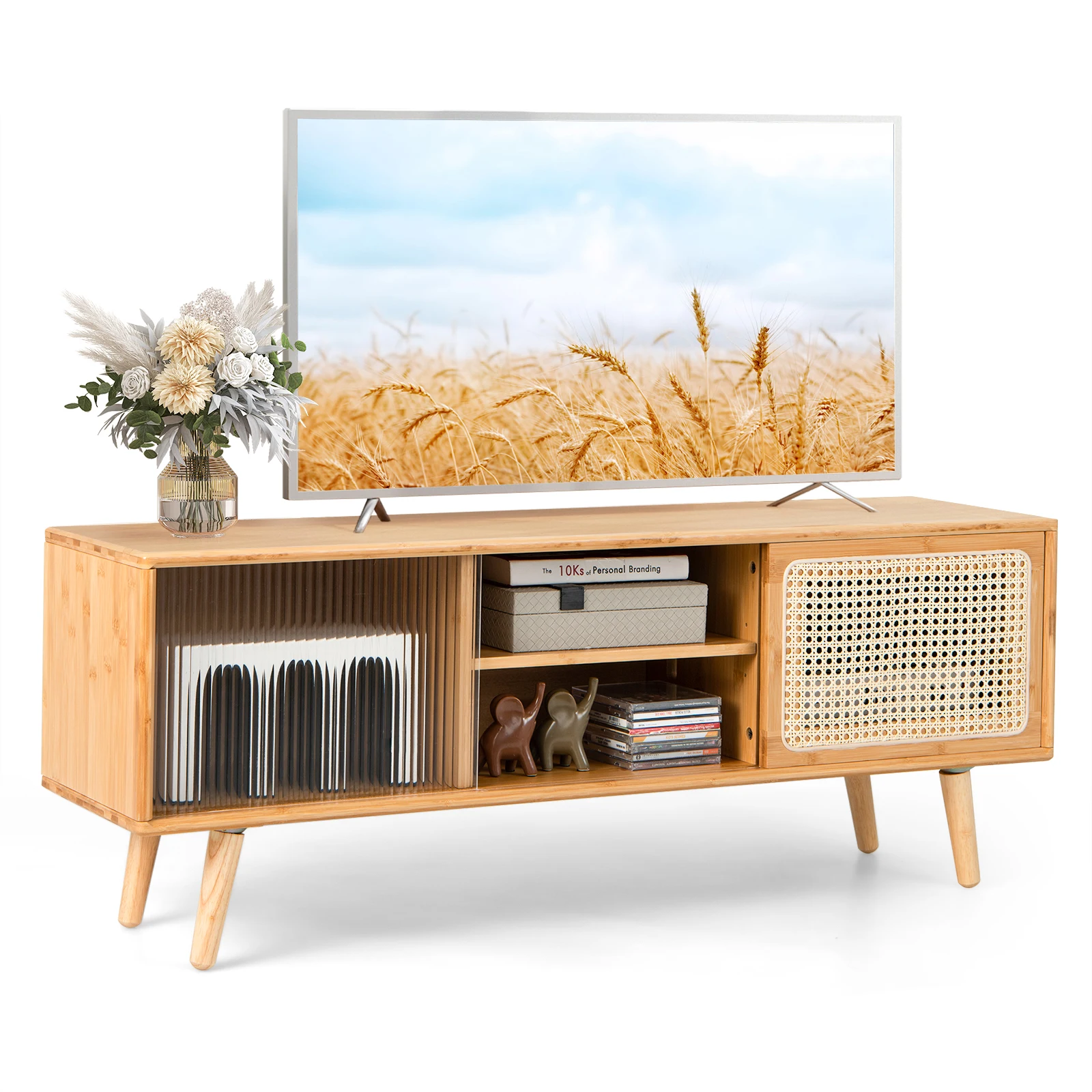 TV wardrobe Bamboo, TV Lowboard with Rattan & Glass Sliding Doors, TV table with Adjustable Floor, TV wardrobe for