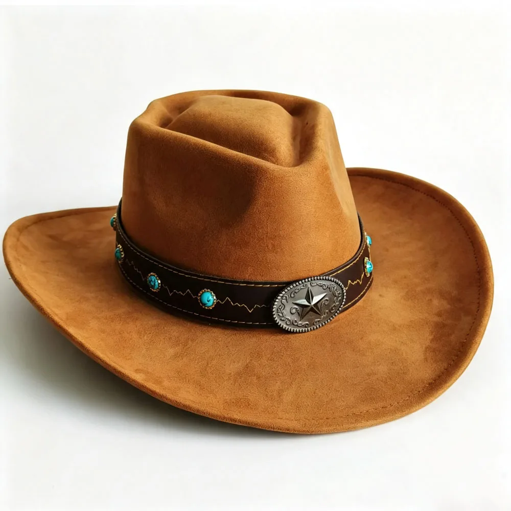 arrow crown Classic Brown Faux Suede Cowboy Hat Texas Rodeo Stage Party Costume Panama Fedora Women Men Outdoor Vacation Caps