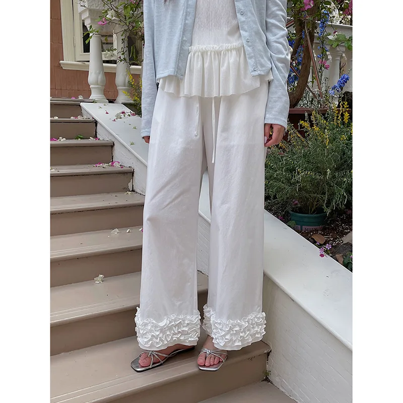 2025 Summer Vintage Drawstring Lace Casual Pants High Waist Straight Leg Trousers