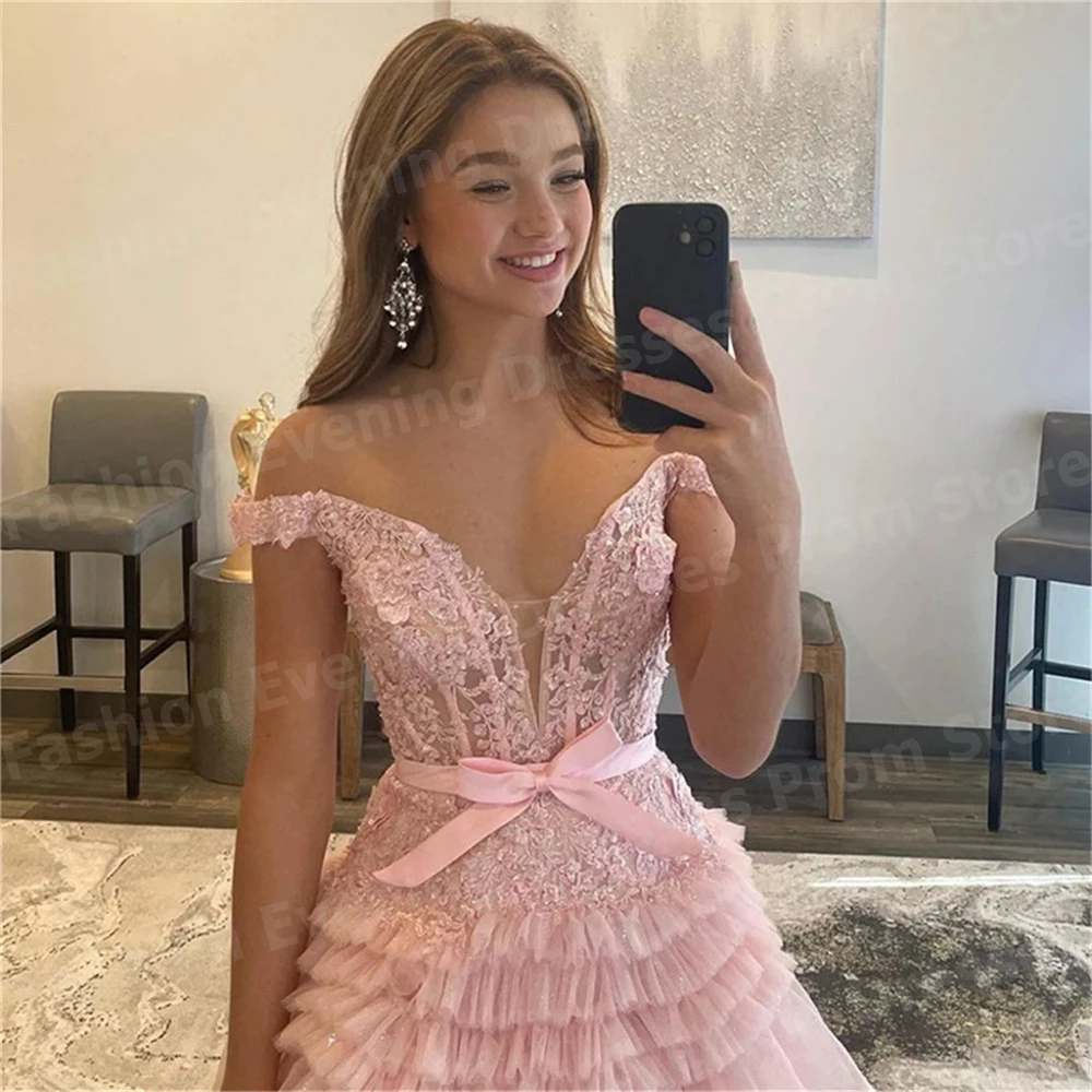Beautiful A Line Evening Dresses Appliques Prom Gowns Customized Off The Shoulder Backless Princess Vestido De Gala Noche Mujer