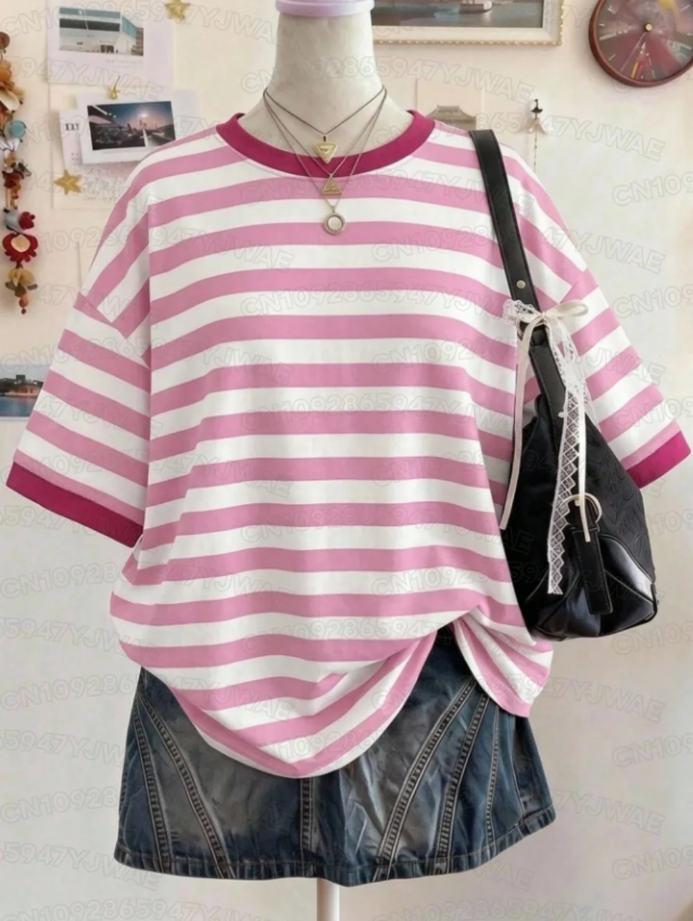 Sommerliches Y2K-T-Shirt mit breiten Streifen, lässiger Oversize-Schnitt, Rundhalsausschnitt, überschnittene Schultern, Damen-Kurzarm-T-Shirt, Street-Casual-Sport-Top – Detail 4