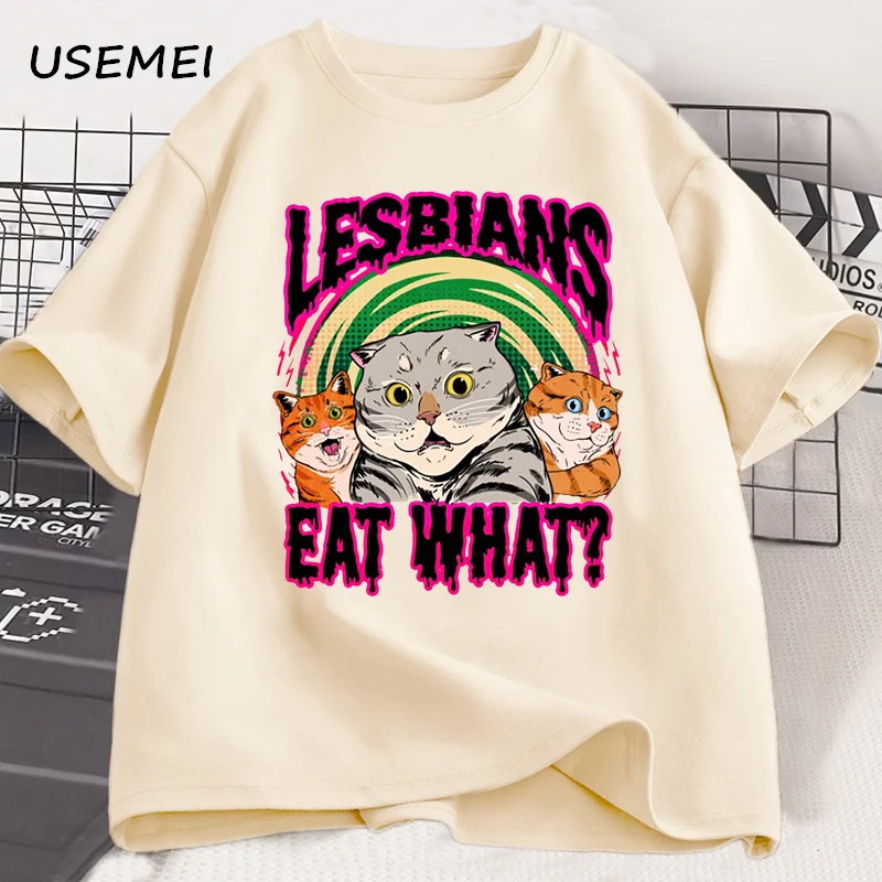 Lesbians Eat What Cat T Shirt Vintage LGBT Pride Month T-shirt Funny Graphic T Shirts Short Sleeve Cotton Tee Unisex Clothes