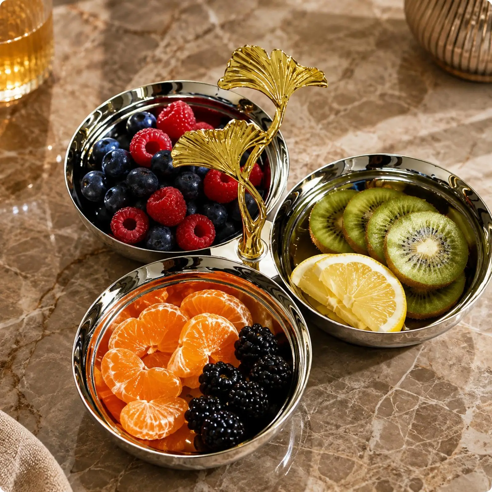 Compact Steel Snack Serving Bowl with Raised Sides and Gold Lift Handle for Nuts Candy Party Food Display
