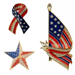 American Flag Pentagram Bow Gold Tone Crystal Brooch Lapel Pins USA Patriotic Jewelry for Women Men Coat Suit Corsage