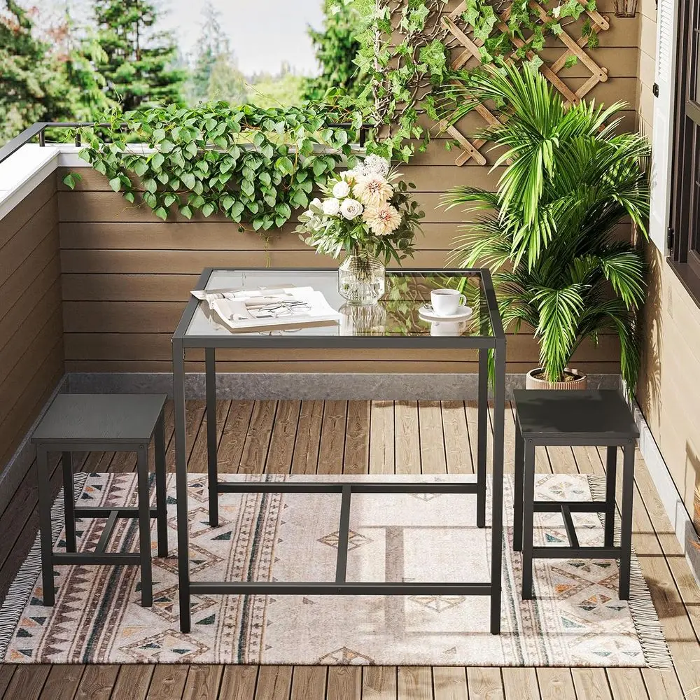 Compact Rectangular Glass Dining Set for 3, Modern Black BK80CZ01 Kitchen Table with Chairs