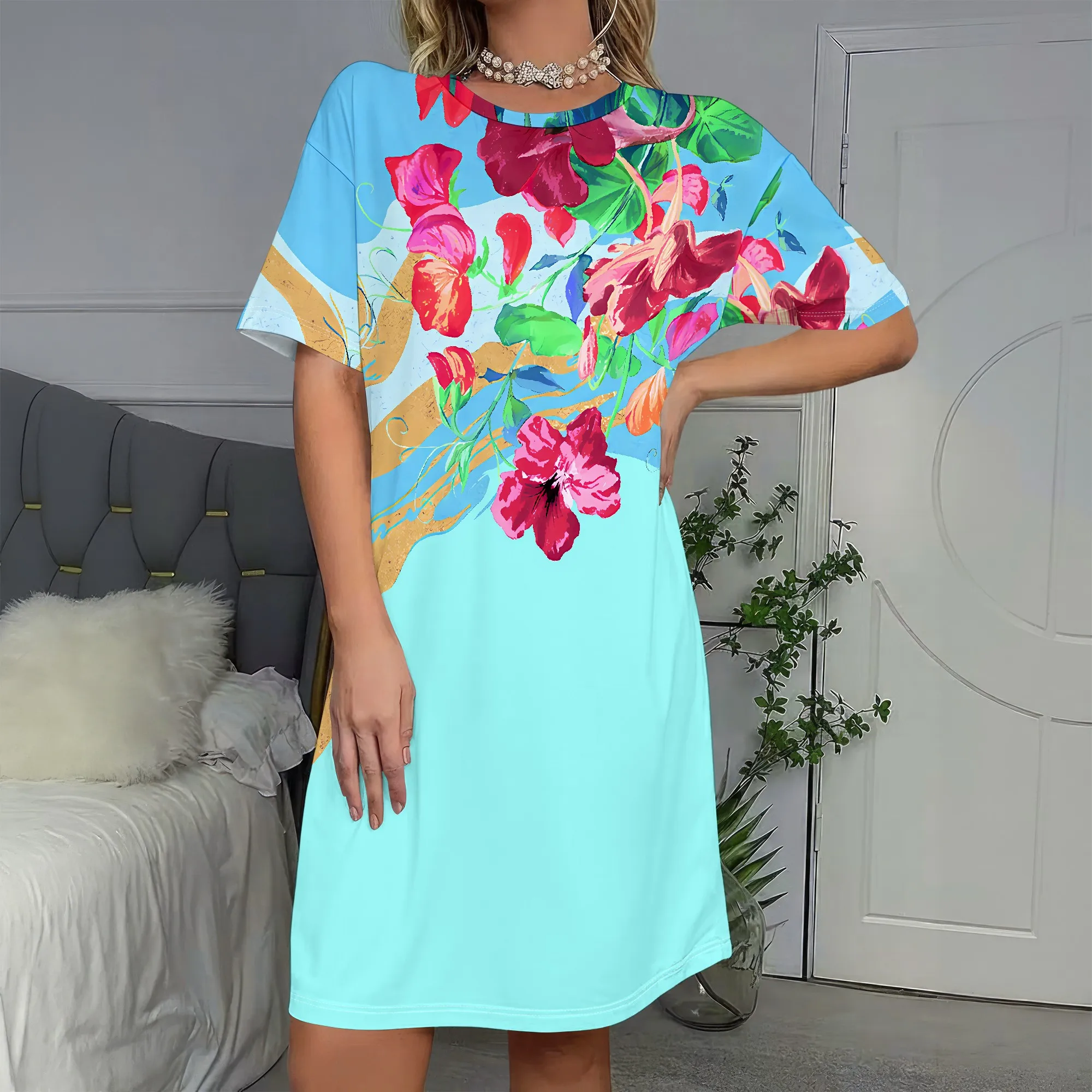 Hibiscus Floral Print, T-Shirt Dress with Short Sleeves, Loose Fit Summer Beachwear, Casual Vacation Wear for Women, S-2XL