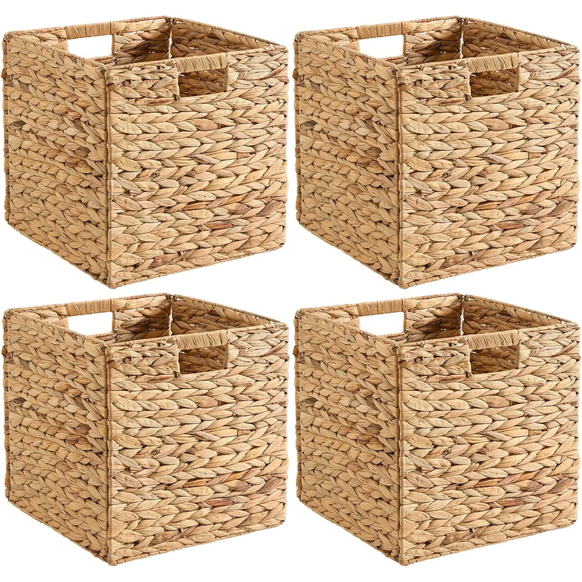 

Handwoven Water Hyacinth Storage Baskets set of 4 Foldable Cube Bins Storage Oragnizer for Cabinet Shelf Bedroom Living Room (Natural, 13" L x 13" W x 13" H)