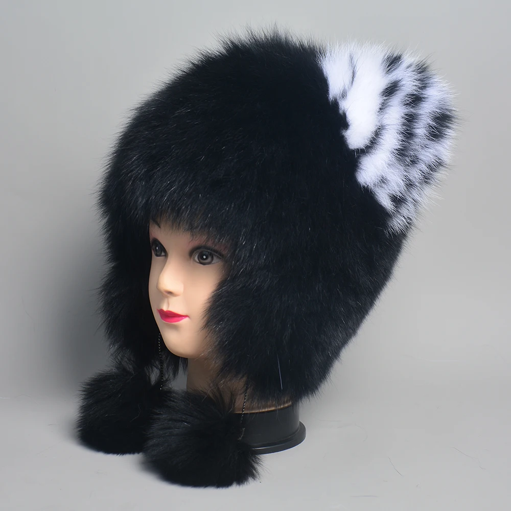 Winter Hat Woman Warm Cat Ushanka Balaclava Russian Fox Fur Trapper Women Bomber Hats Luxury Furry Snow Cap Earflap Fox Fur Hat