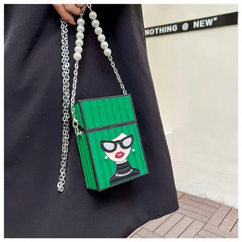 Small Shoulder Bag For Women Funny Cigarette Case Shape Bag Fashion Glasses Girl Chaiin Bag Pearl Chain Handle Box Bag