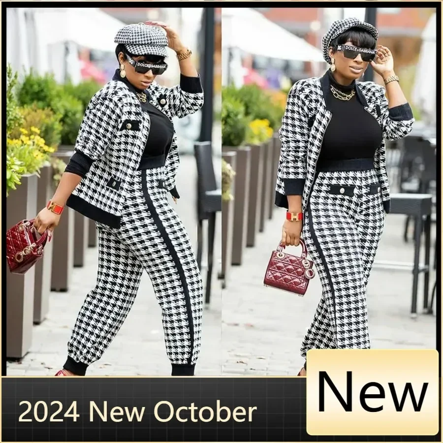 2022 Autumn and winter ladies streetwear casual suit houndstooth button coat trousers two piece pants set women clothing