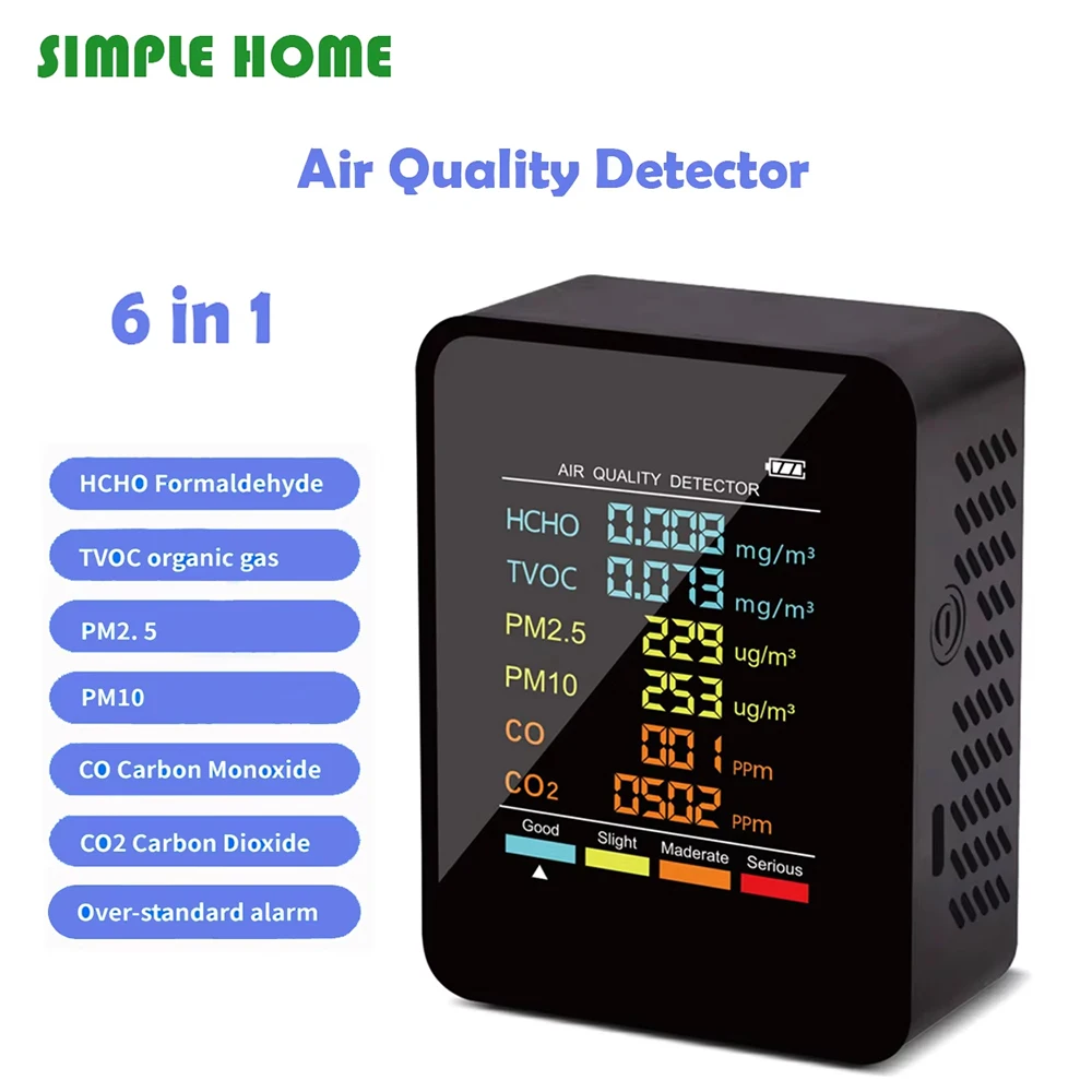 CO2 Messgerät 6in1 Luftqualität Meter HCHO CO TVOC PM2.5/10 Detektor