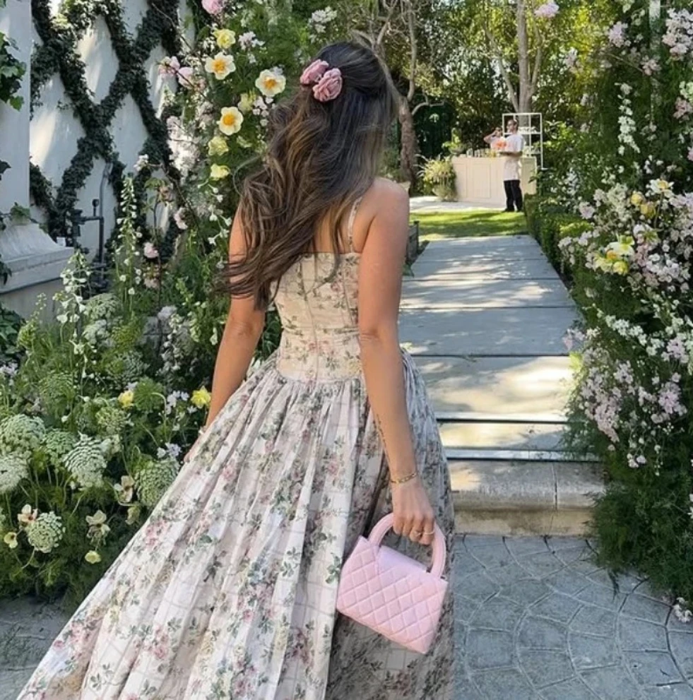 여성용 여름 의류 미디 우아한 드레스 신상품 화이트 플로럴 프린트 휴가용 드레스