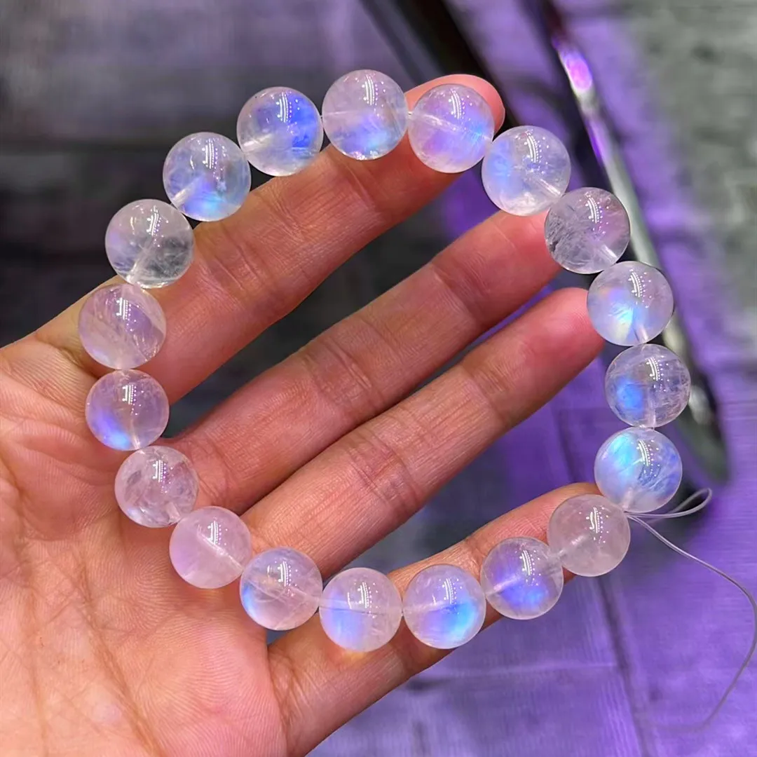 

Natural Blue Light Moonstone Clear Beads Bracelet Women Men 10mm Moonstone Stretch Crystal Clear Round Beads Bracelet AAAAA