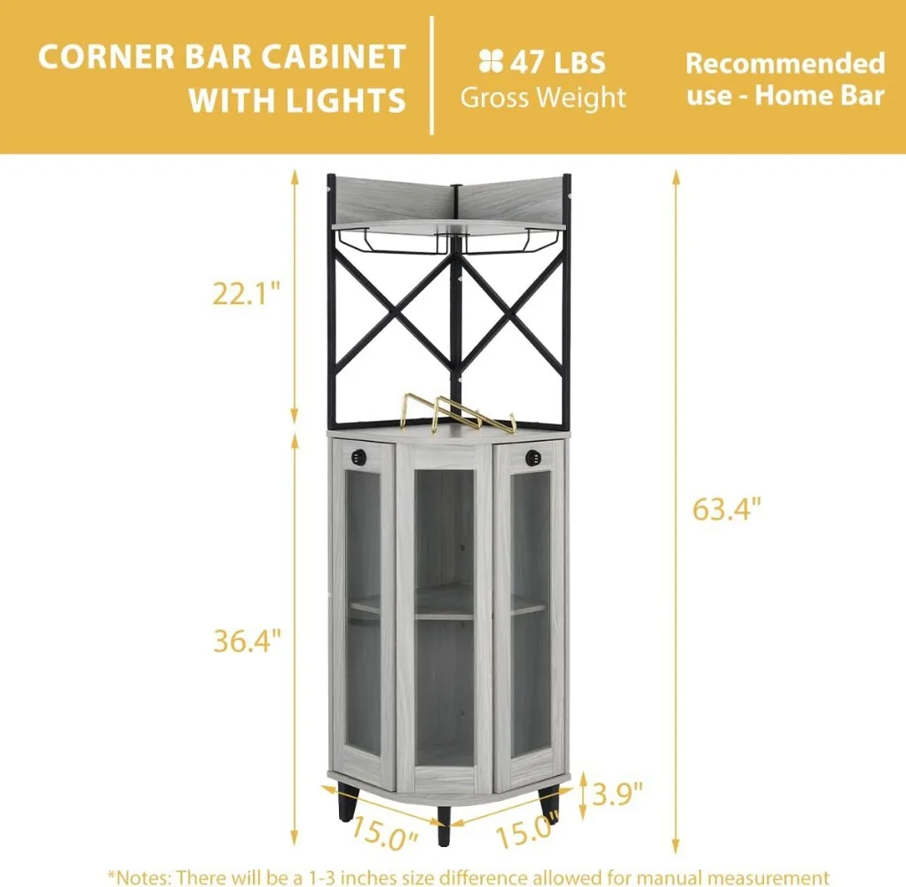 Armário de vinho de canto com porta de travamento, armário de álcool com luz, barra com fechadura com porta de vidro para bar doméstico e armários de vinho