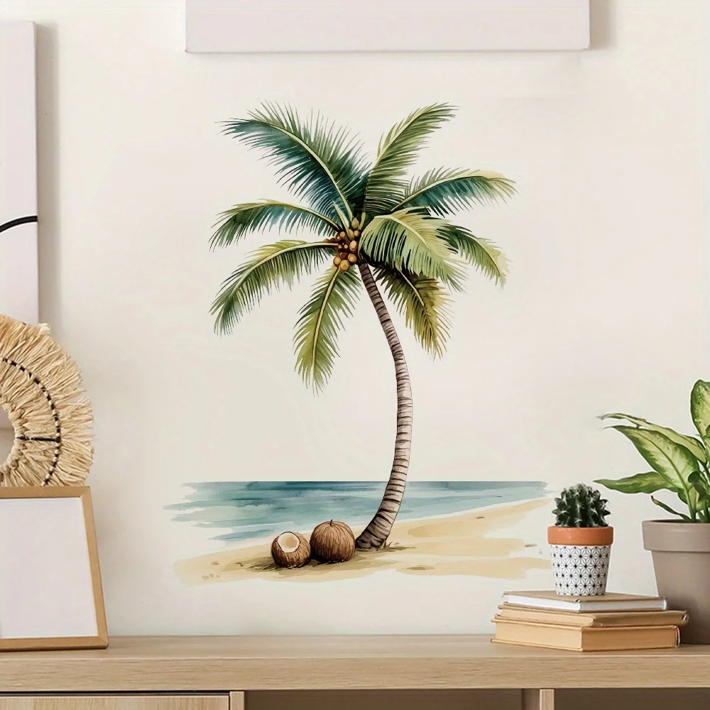 1 Colorful Beach and Palm Tree Pattern Home Decoration Sticker, Suitable for Wall Stickers, Living Room, Bedroom, Bathroom, Toilet Stickers
