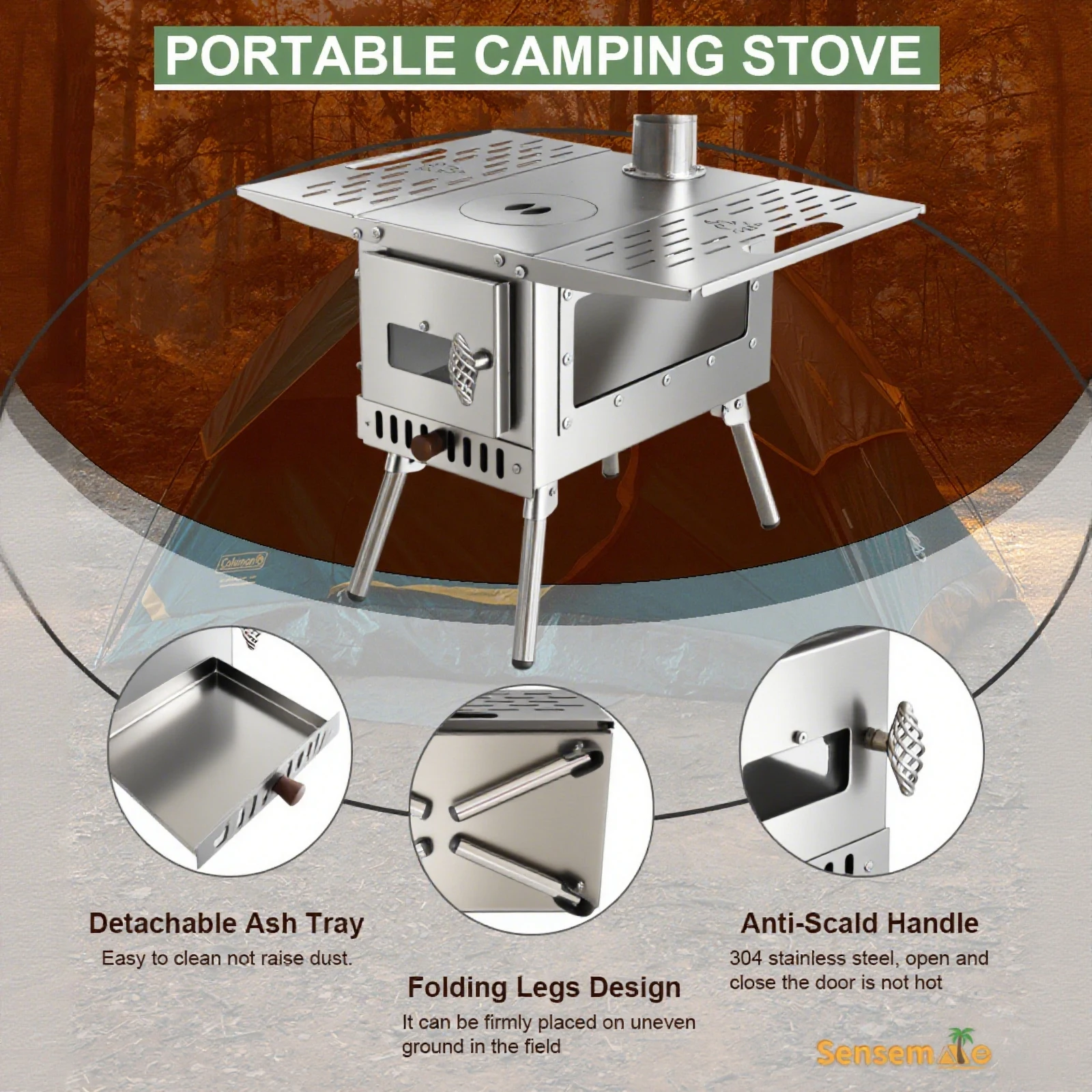 Portable Camping Wood Stove Folding Stainless Steel Tent Heater Double Combustion Wood Burner with Chimney for Outdoor Cooking