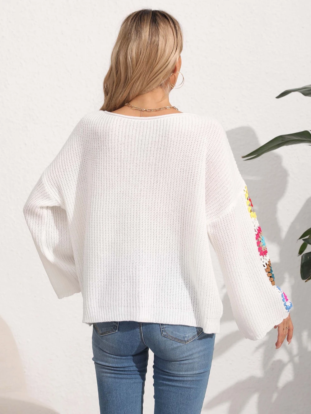 Autumn and winter one-line collar off-shoulder loose mixed color crocheted sweater