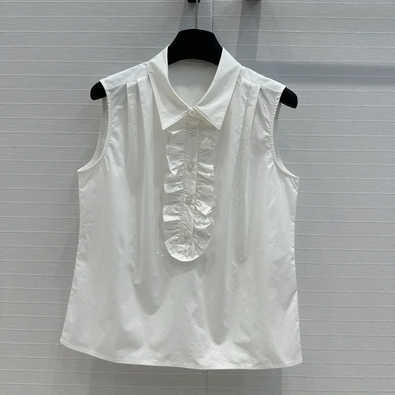 

2024 high quality fungus ruffled placket sleeveless shirt casual elegant style fashionable lapel top summer