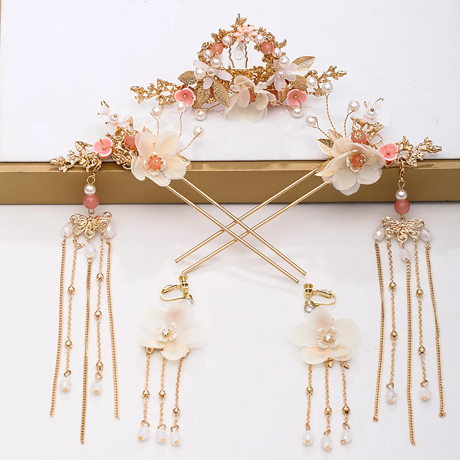 Tassel Vintage Flower Headdress Set Female Elegant Prong Updo Chignon Pins for Friends Girlfriend Wife Novel Gift