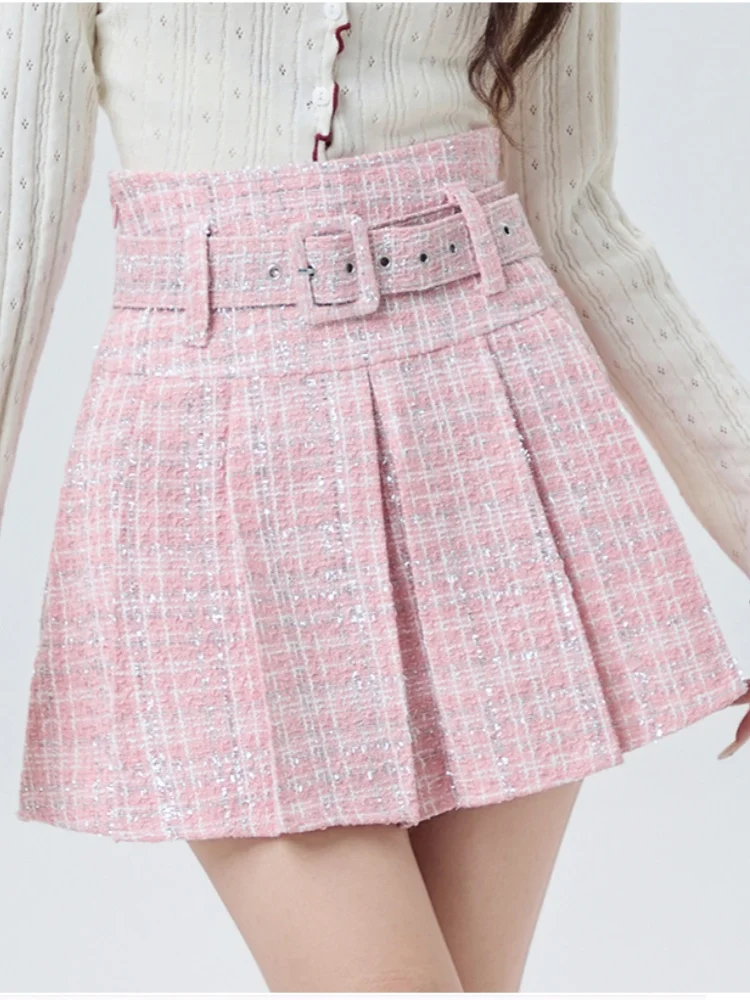 

Korean Version Small Fragrant Style Tweed Pleated Skirt For Women New Autumn Winter High Waist Slim A-line Woolen Short Skirt