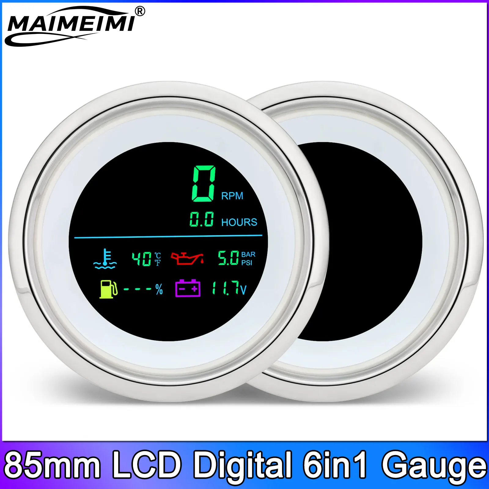 

Цифровой тахометр LCD 85 мм, 6-в-1: обороты двигателя, уровень топлива, температура воды для лодок, мотоциклов, морского транспорта, 0~190 Ом, 12В/24В