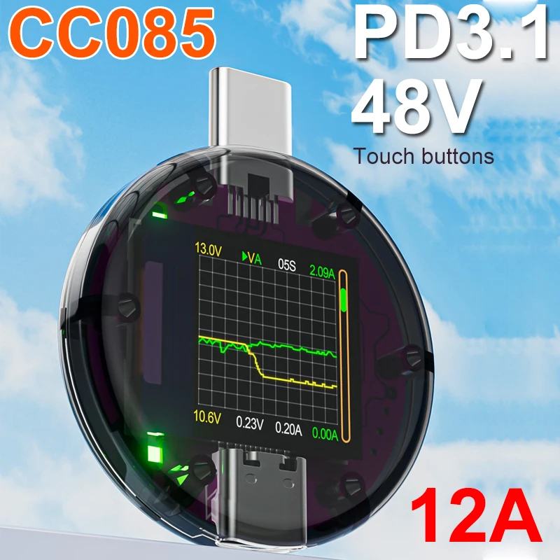 12A CC085 48V Type-C PD Charger Detection USB Tester DC Digital Voltage Current Power Bank Capacity Meter Amper Detector