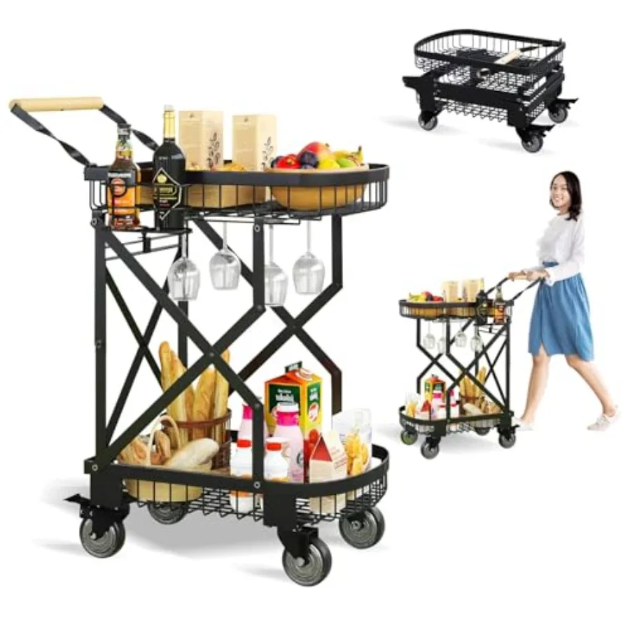 Chariot de courses pliable à 2 niveaux pour épicerie, avec roues pivotantes à 360 degrés, robuste, multifonction, pliable