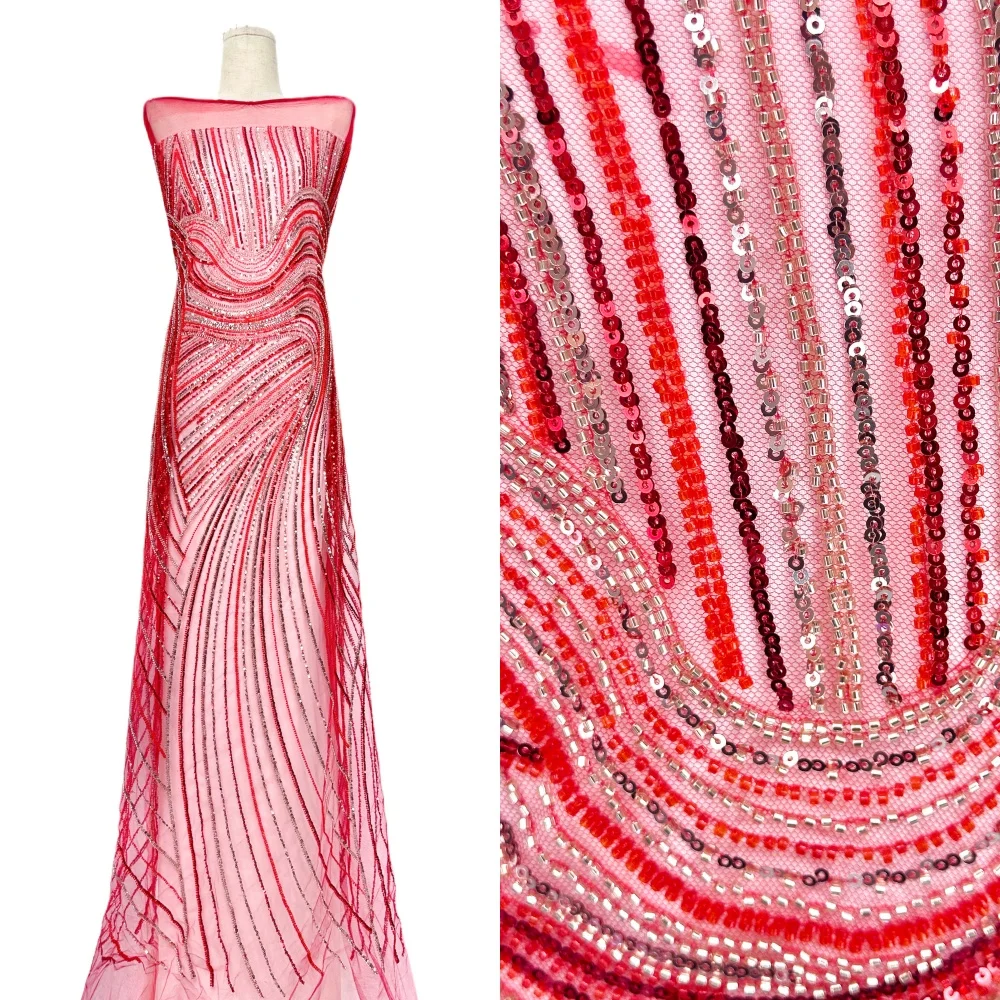 

Красная ткань с пайетками и бисером, роскошное африканское кружево, 5 ярдов, ручная работа, высокое качество, для вечерних платьев и свадебных нарядов, Нигерия, 2026