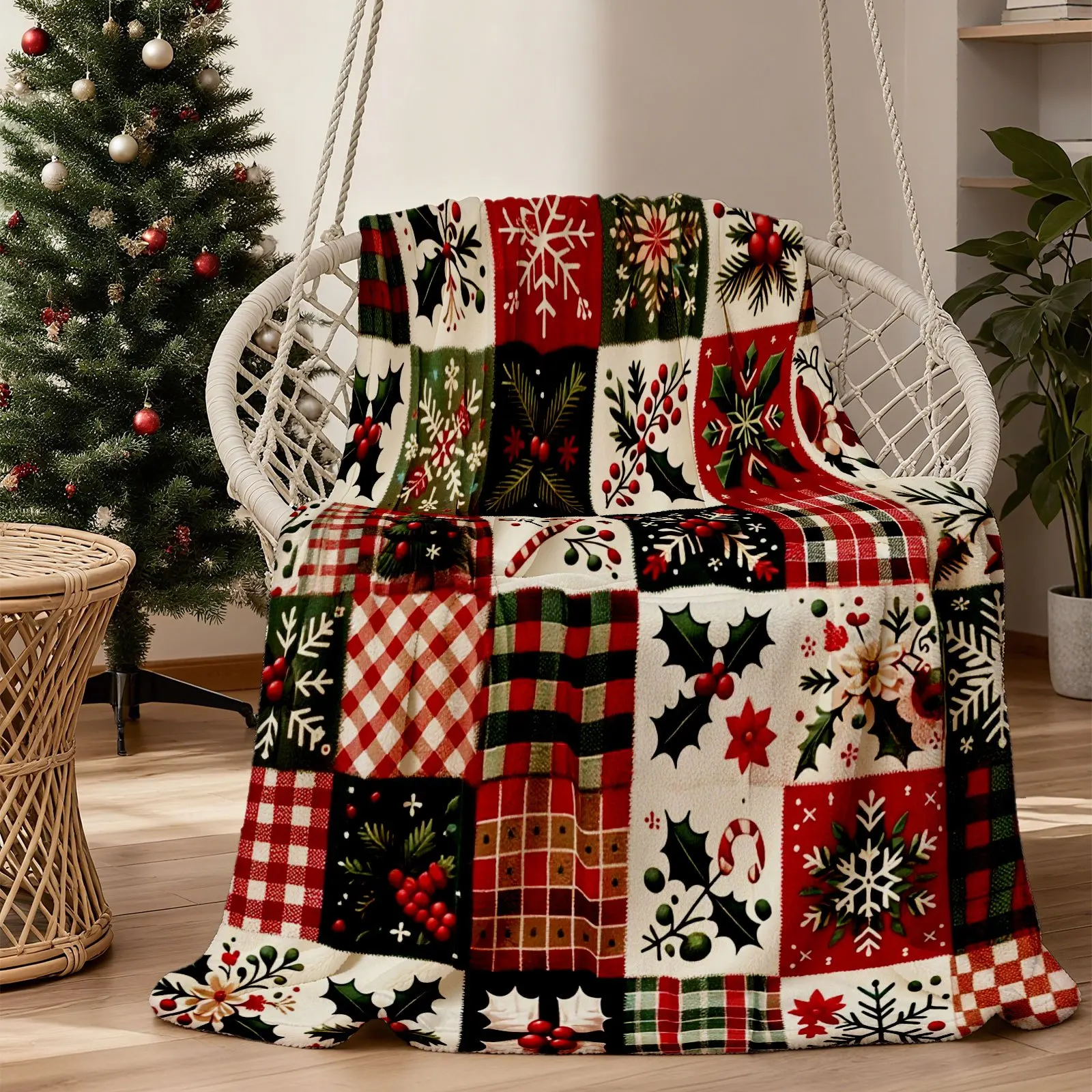 1pc Ivy Plaid Christmas‑Print Throw Blanket, Sofa & Bed Decor, All‑Season Home Gift