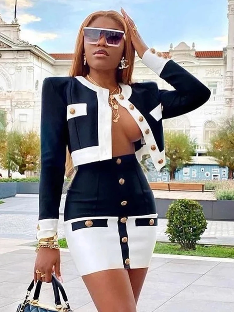 Ailigou 2022 New Aummer 2 Piece Suit Patchwork Black White O-Neck Long Sleeve Pocket Button Button Mini Hip Skirt Female Set