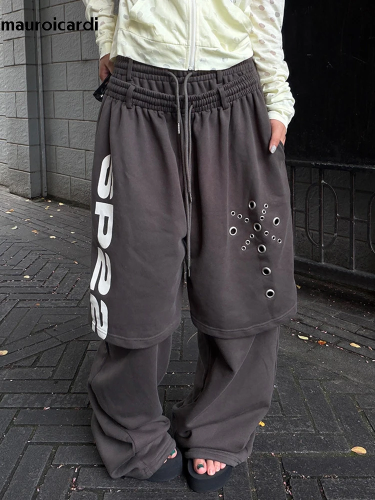 Mauroicardi Autumn Long Baggy Flowy Soft Grey Wide Leg Pants Men Letter Print Luxury American Retro Fake 2 Pieces Clothing 2026