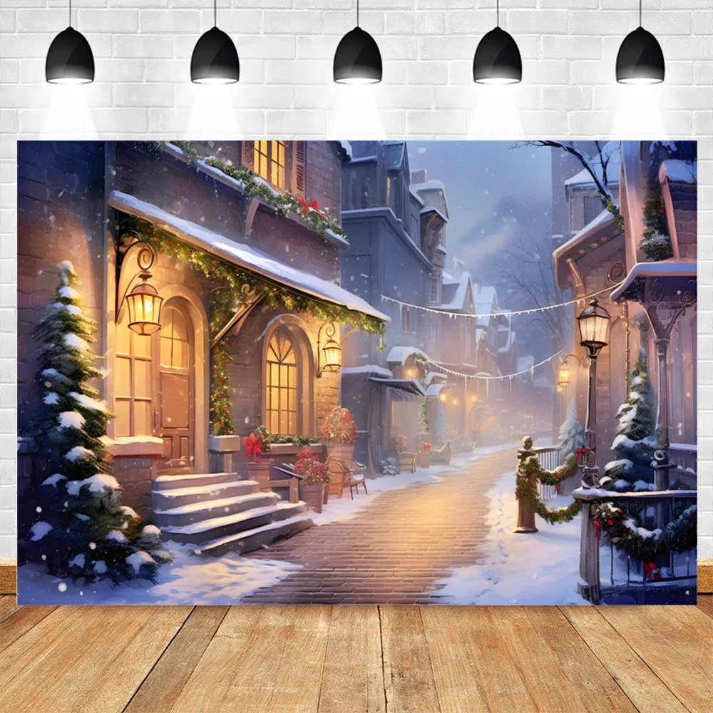 Fondo de noche de Navidad de calle nevada de invierno, casas de fotografía, tiendas, árboles de Navidad, decoración de fiesta familiar para niños, accesorios de fondo