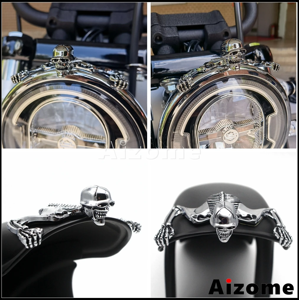 Motorcycle Headlamp Helmet Skull Decorative Helmet Figure For Harley Custom Headlight Visor Steel Skeleton Ornament Sticker