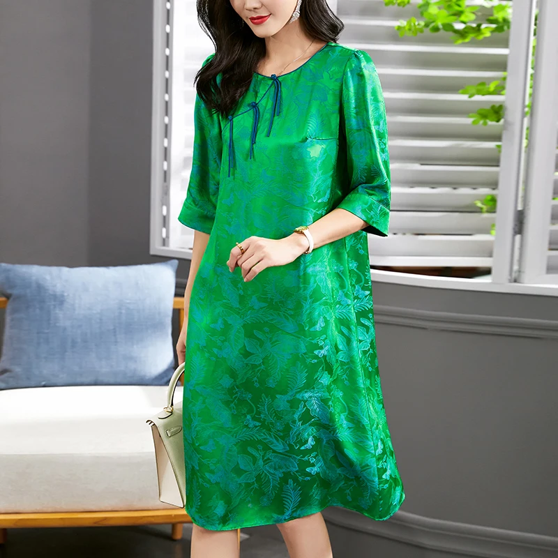 

2024 Women's Summer Dresses Chinese Style Elegant Three Quarter Sleeve Woman Vintage Dress 45% Real Silk Green Female Midi Dress