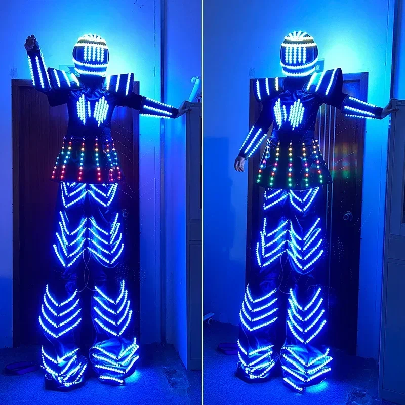 Light Up Stilts Walker Costumes Parade Women LED Futuristic Clothing Helmet Robot Suit Party Carnival Festival Show Rave Outfit